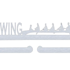 Laser-cut aluminum medal holder featuring the word 'ROWING' with crossed oars and a silhouette of a rowing team in a boat. Includes two large hooks for hanging medals.